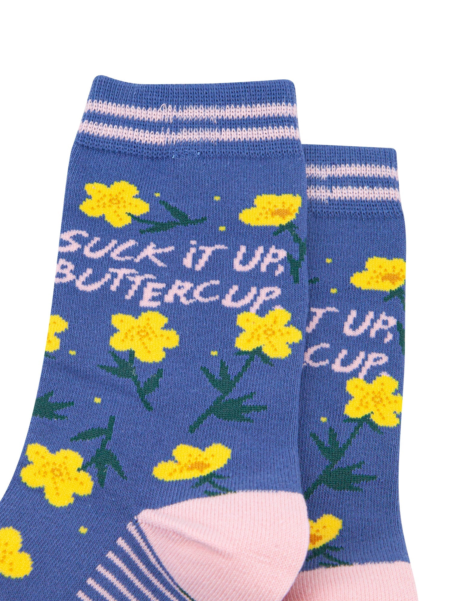 Suck-It-Up-Buttercup-Combed-Cotton-Socks-in-Blue-Closeup