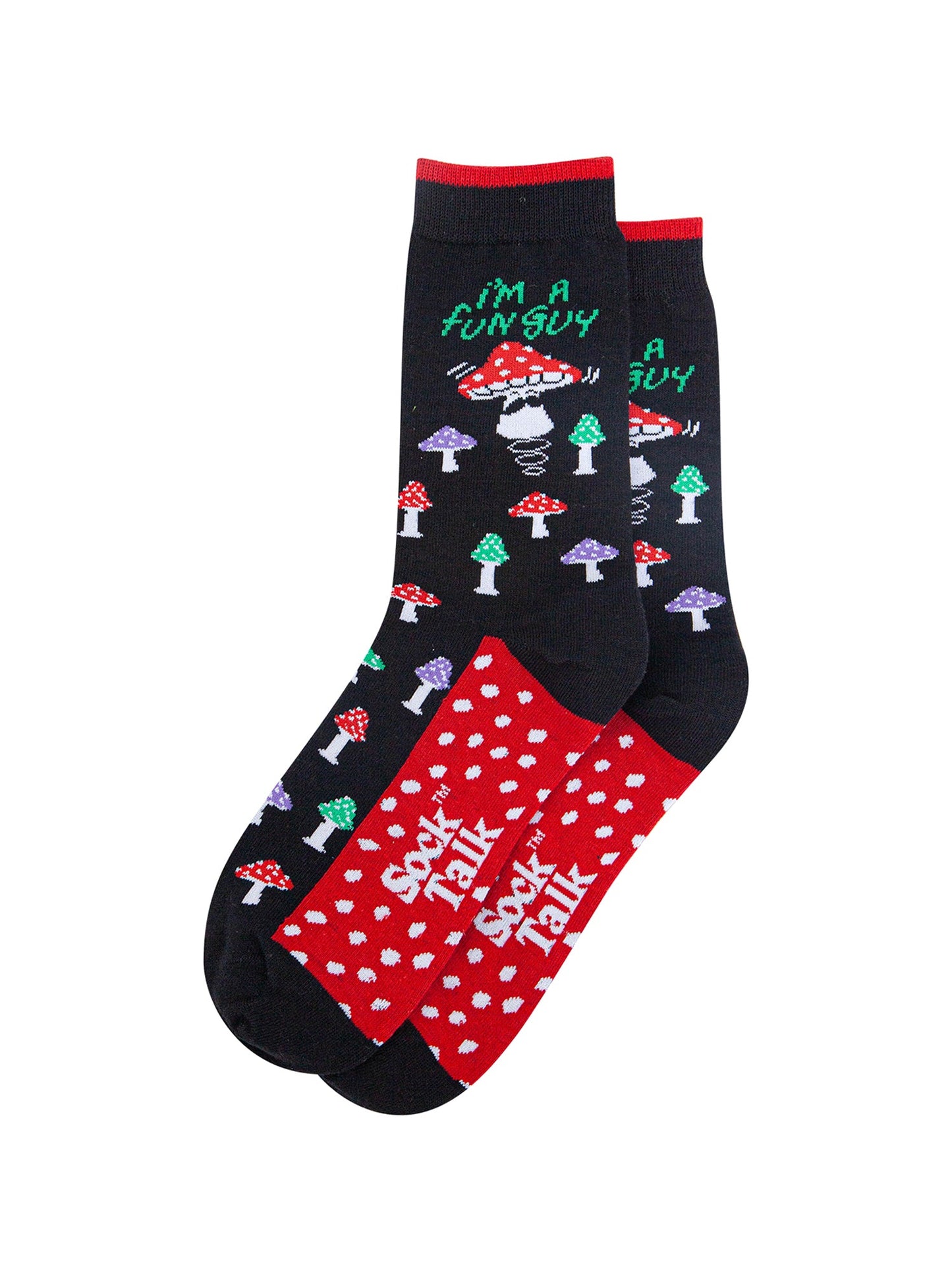 Fun-Guy-Mushroom-Combed-Cotton-Novelty-Socks-in-Black-Lying-Flat