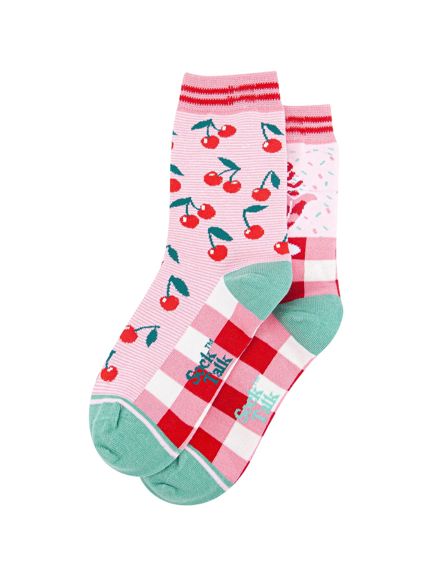 Cherry-Ice-Cream-Sundae-Combed-Cotton-Odd-Socks-in-Pink-Lying-Flat