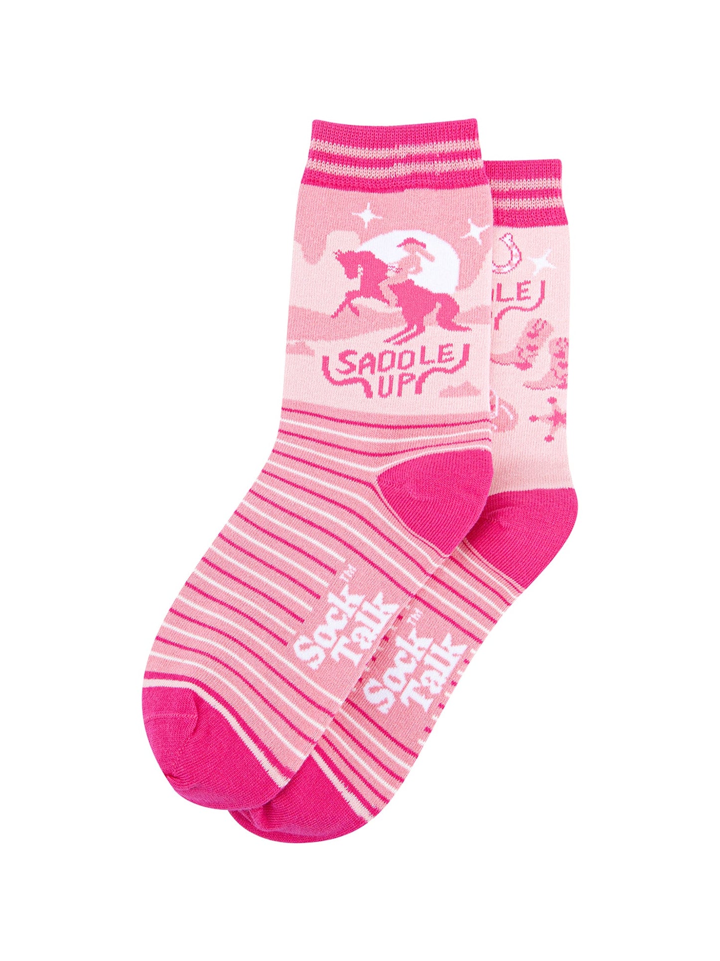 Saddle-Up-Horse-Combed-Cotton-Odd-Socks-in-Pink-Lying-Flat