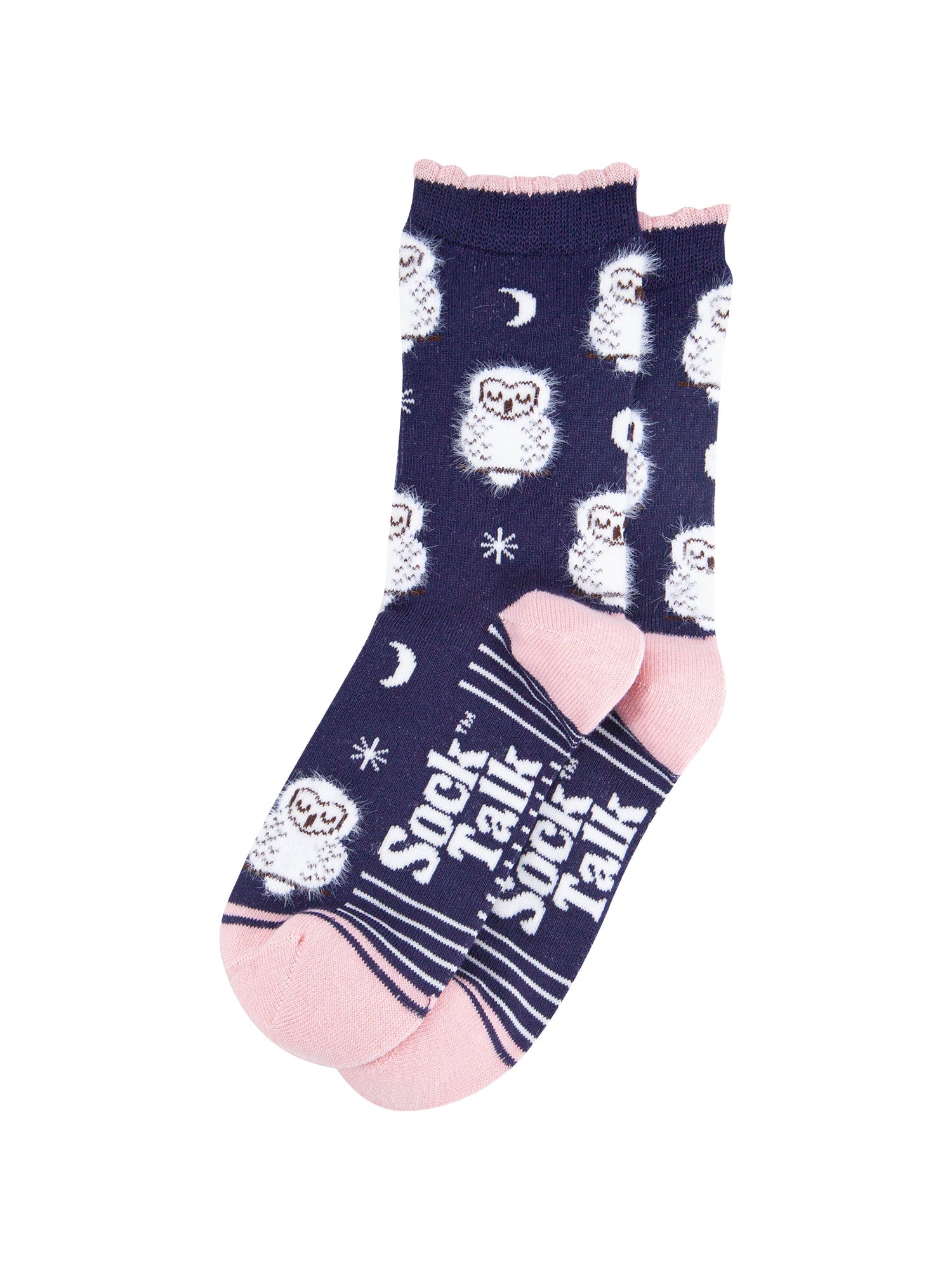 Sleeping-Barn-Owl-Fluffy-Bamboo-Socks-in-Navy-Blue-Lying-Flat