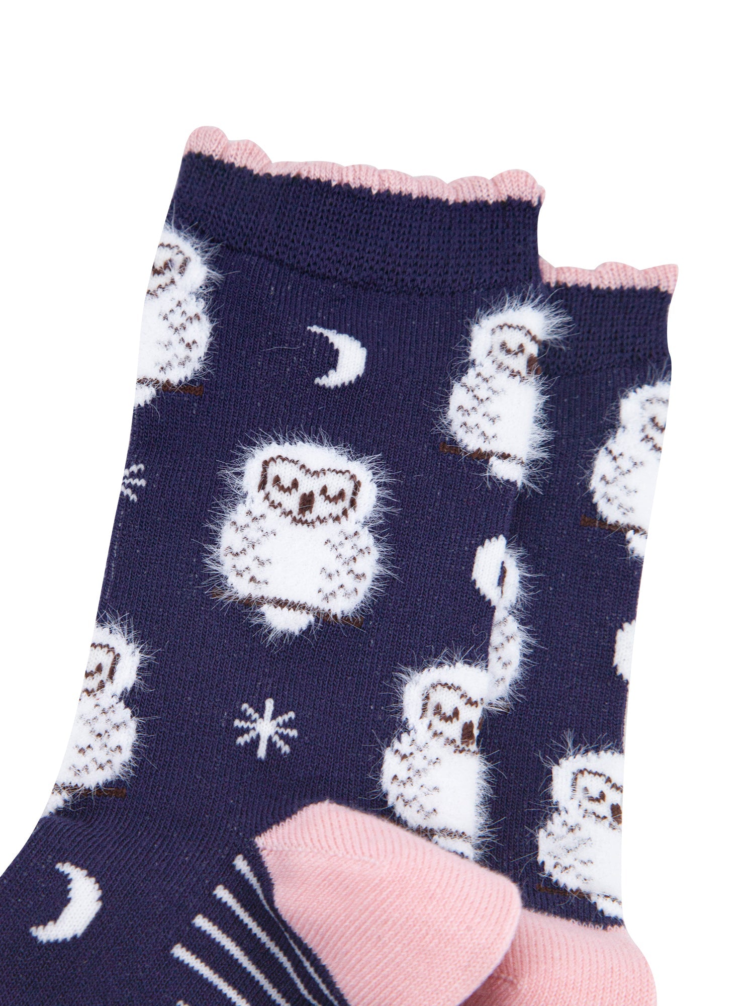 Sleeping-Barn-Owl-Fluffy-Bamboo-Socks-in-Navy-Blue-Closeup