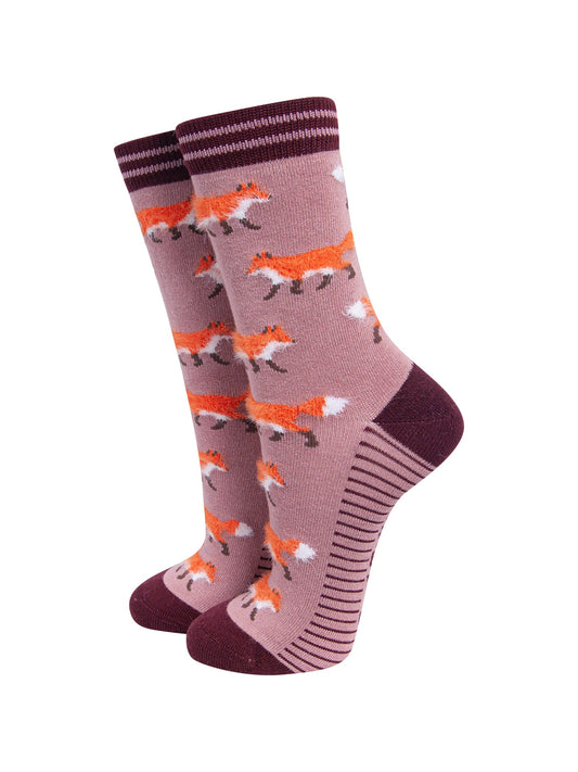 Pink-Fox-Women's-Fluffy-Bamboo-Socks-On-Mannequin