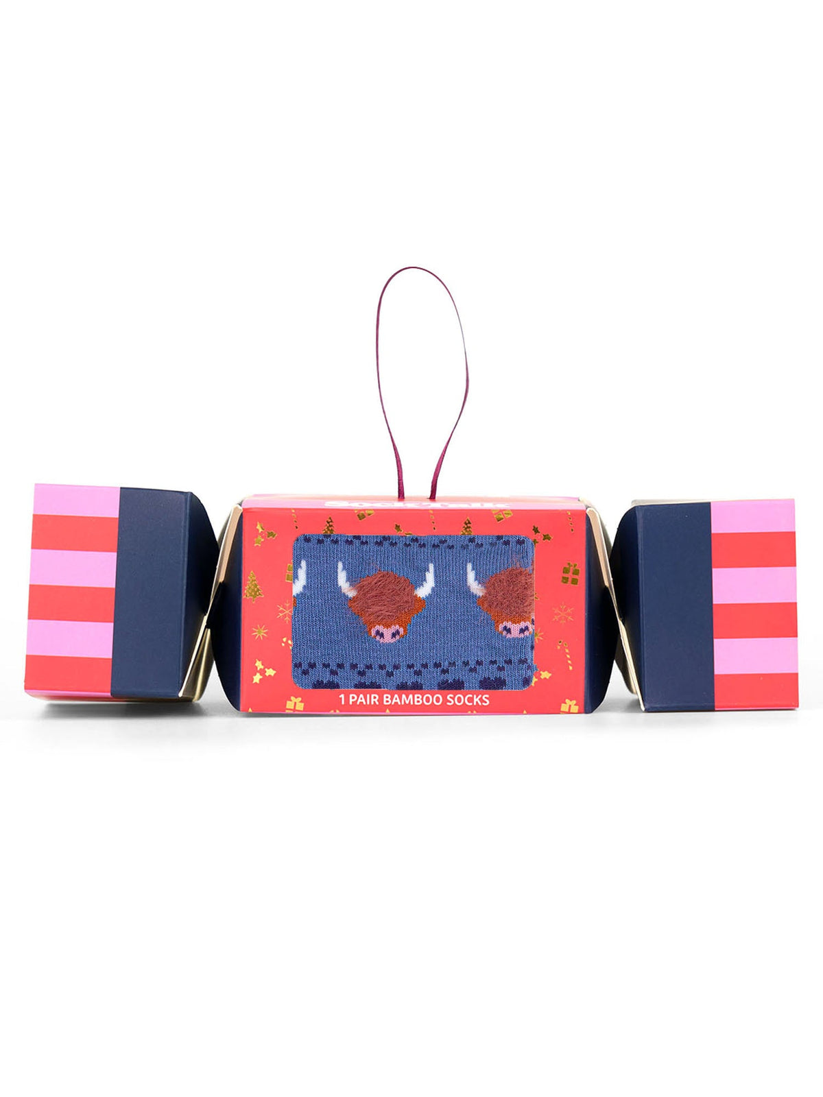 Highland-Cow-Fluffy-Bamboo-Crew-Socks-Christmas-Cracker-Gift-Box-in-Blue