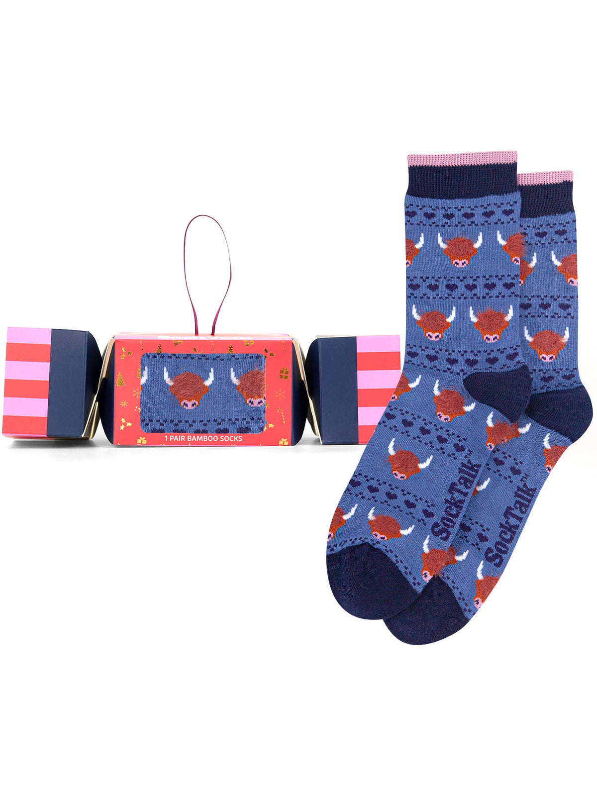 Highland-Cow-Fluffy-Bamboo-Crew-Socks-Christmas-Cracker-Gift-Box-in-Blue