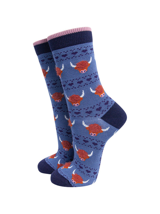 Blue-Highland-Cow-Women's-Fluffy-Bamboo-Socks-On-Mannequin