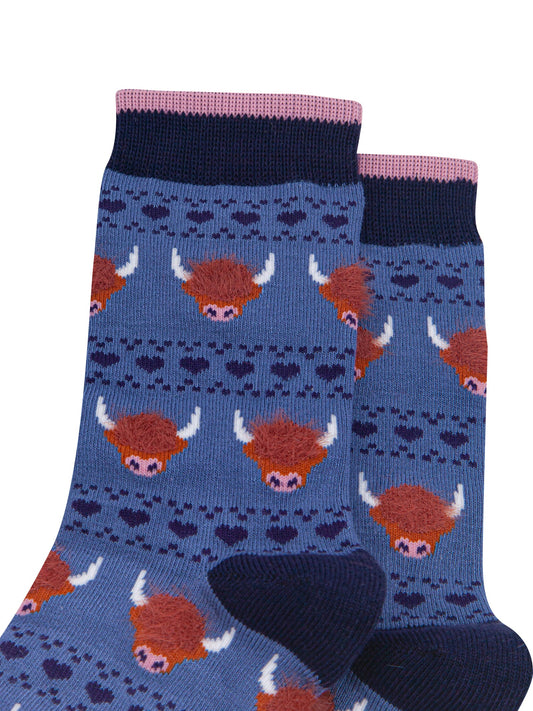 Blue-Highland-Cow-Women's-Fluffy-Bamboo-Socks-Close-Up