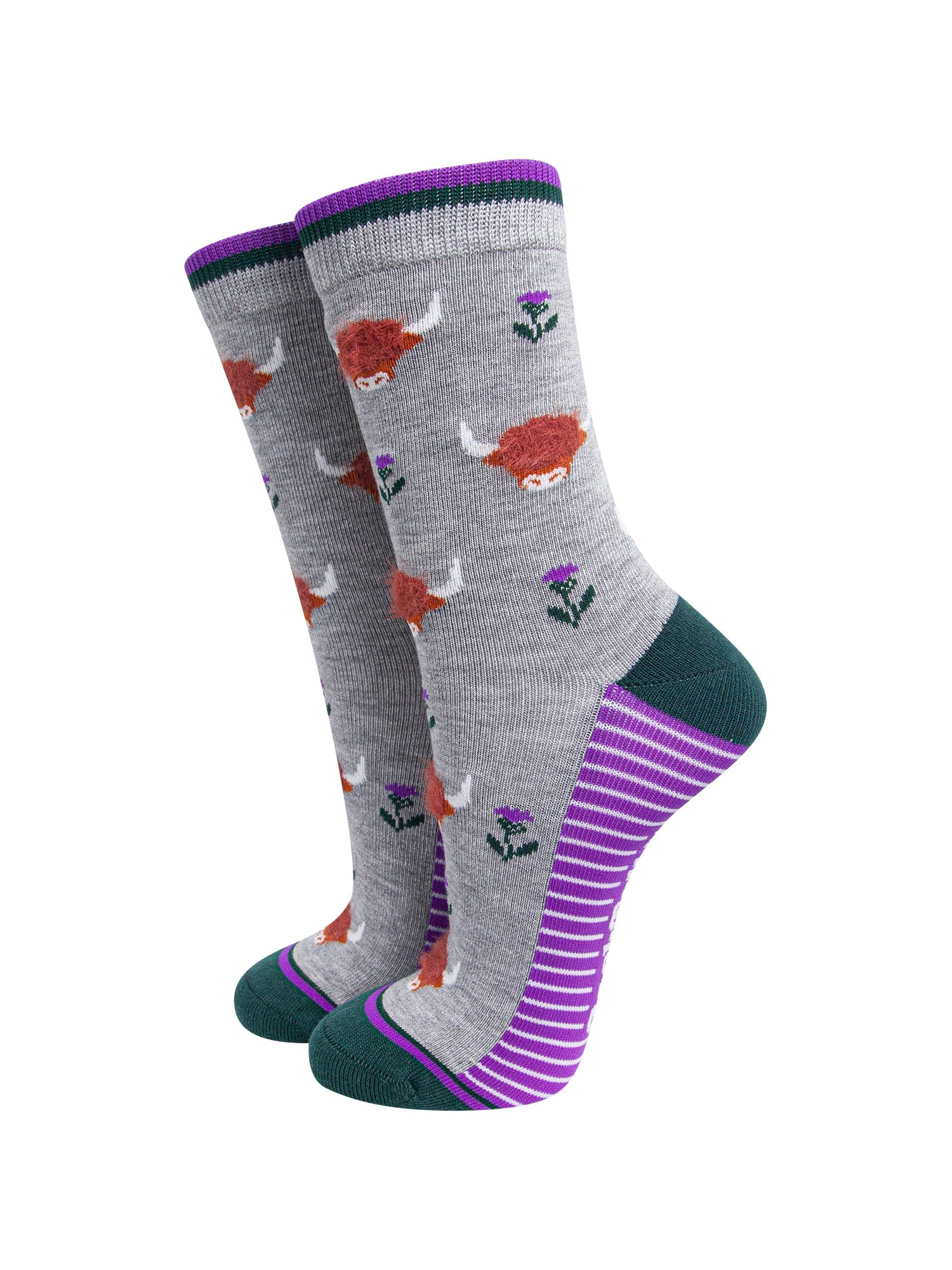 Grey-Highland-Cow-Women's-Fluffy-Bamboo-Socks-On-Mannequin