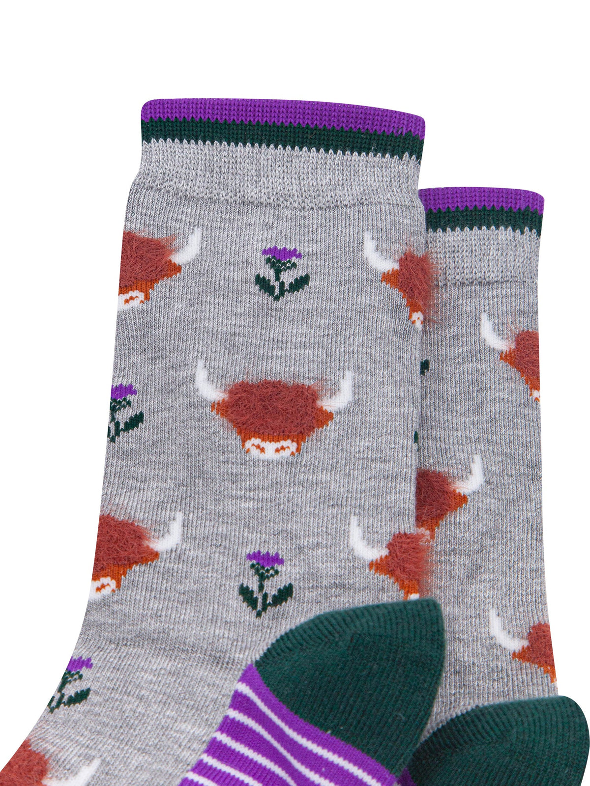 Grey-Highland-Cow-Women's-Fluffy-Bamboo-Socks-Close-Up