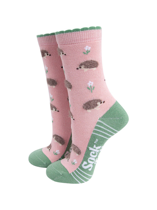 Hedgehog-Floral-Fluffy-Bamboo-Socks-in-Pink-Mannequin