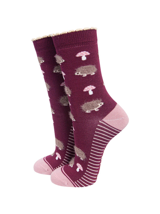 Berry-Hedgehog-Women's-Fluffy-Bamboo-Socks-On-Mannequin