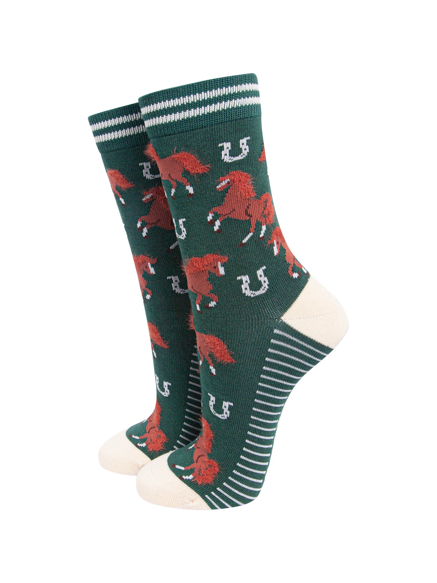 Green-Horse-Women's-Fluffy-Bamboo-Socks-On-Mannequin