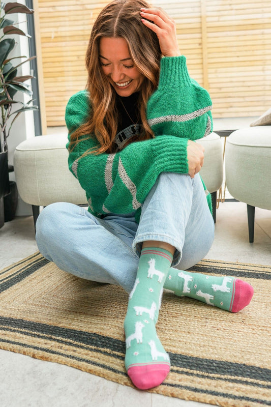 Llama-Floral-Fluffy-Bamboo-Socks-in-Green