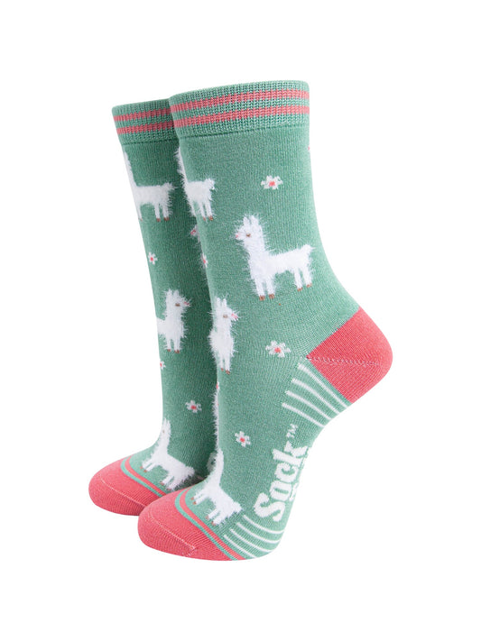 Llama-Floral-Fluffy-Bamboo-Socks-in-Green-Mannequin