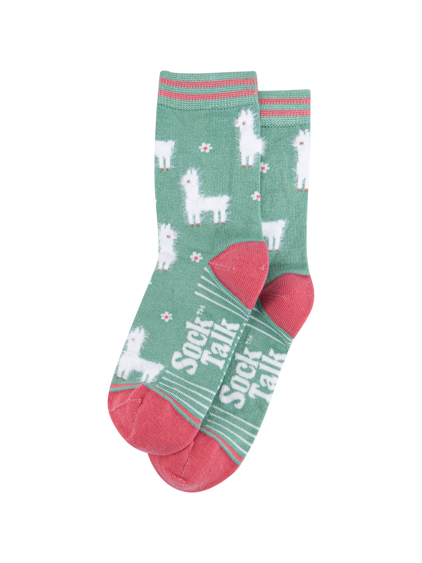 Llama-Floral-Fluffy-Bamboo-Socks-in-Green-Lying-Flat