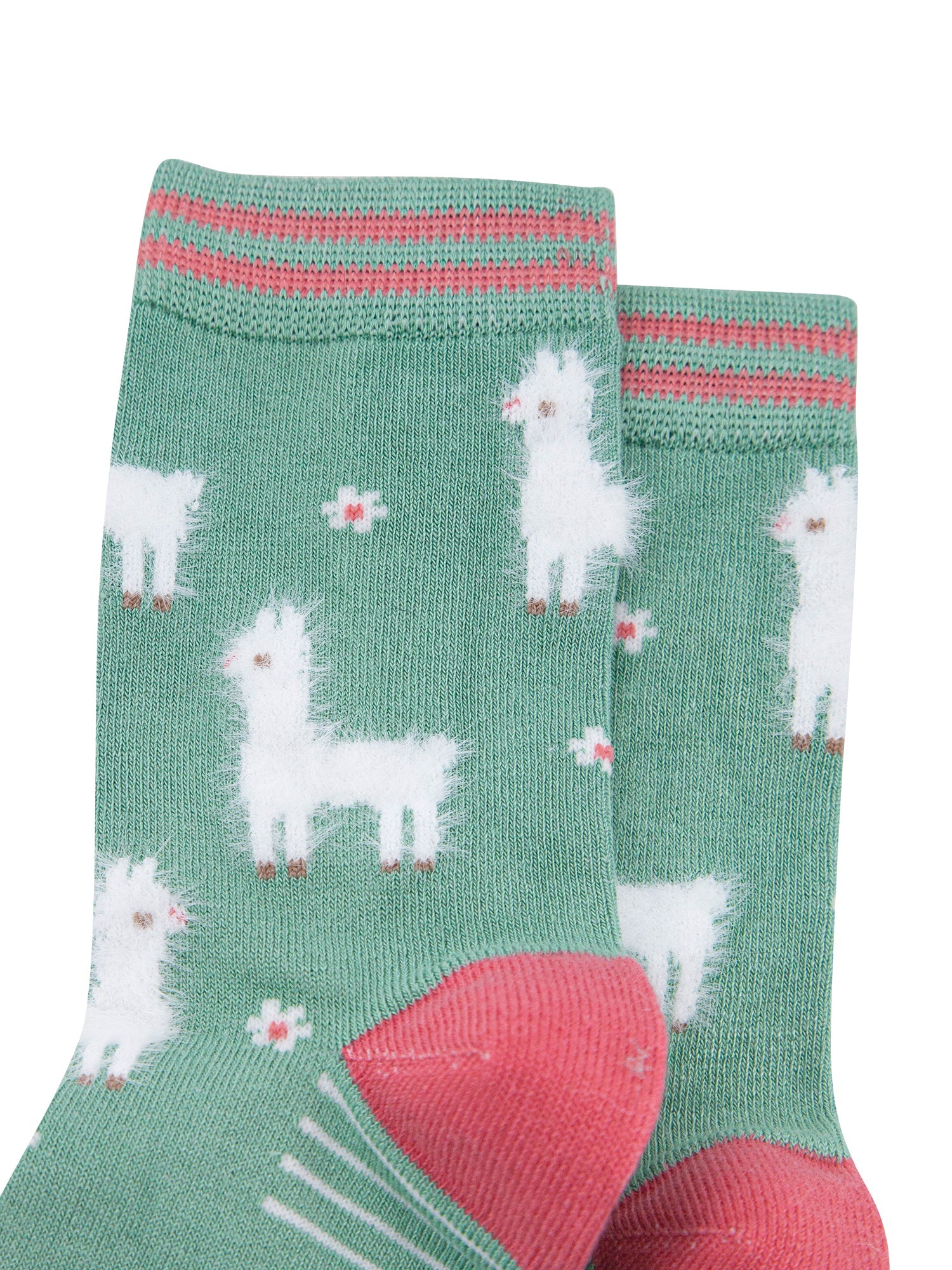 Llama-Floral-Fluffy-Bamboo-Socks-in-Green-Closeup