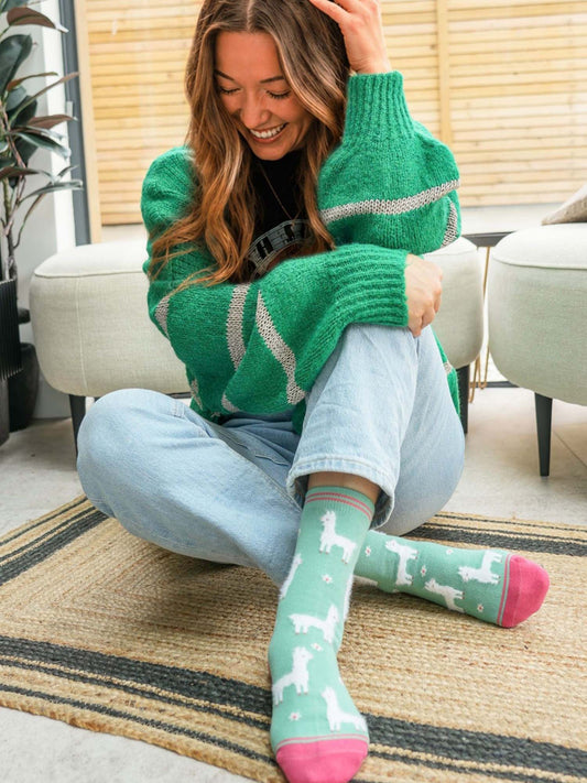 Llama-Floral-Fluffy-Bamboo-Socks-in-Green