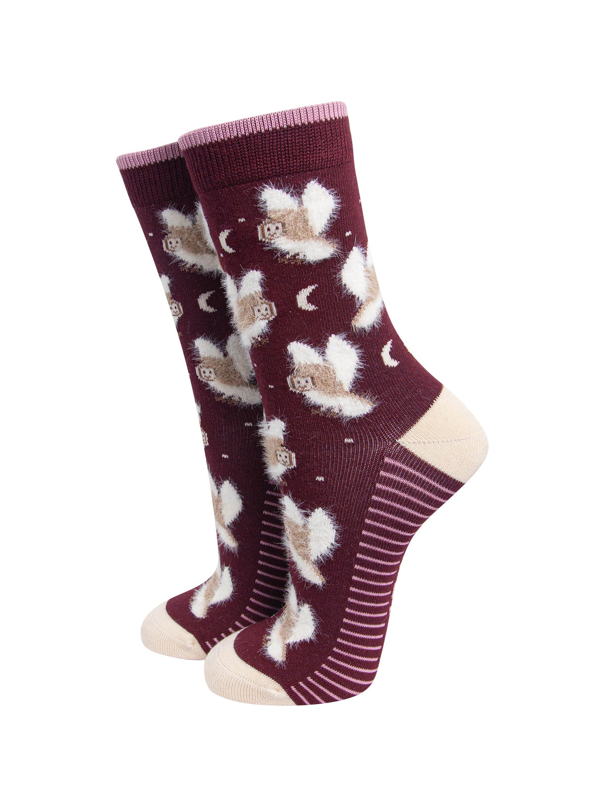 Owl-Bamboo-Fluffy-Socks-in-Burgundy-On-Mannequin