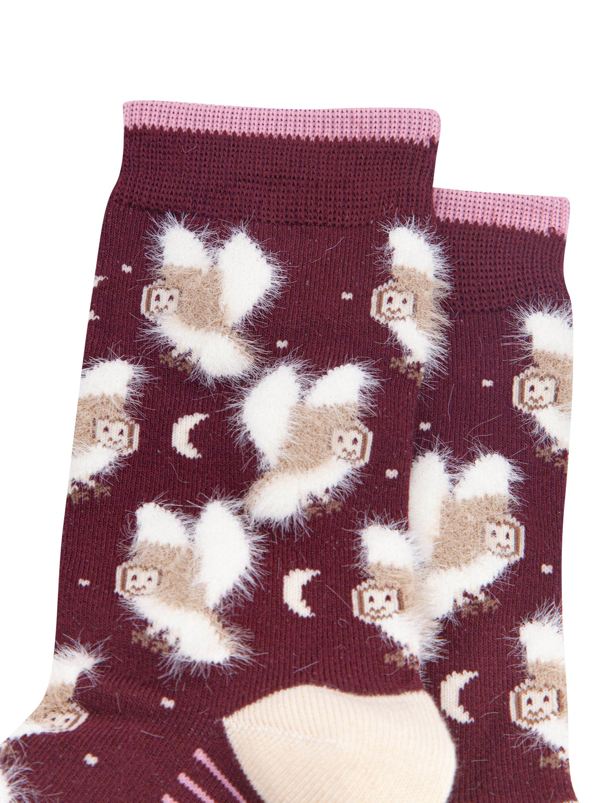 Owl-Bamboo-Fluffy-Socks-in-Burgundy-Close-Up