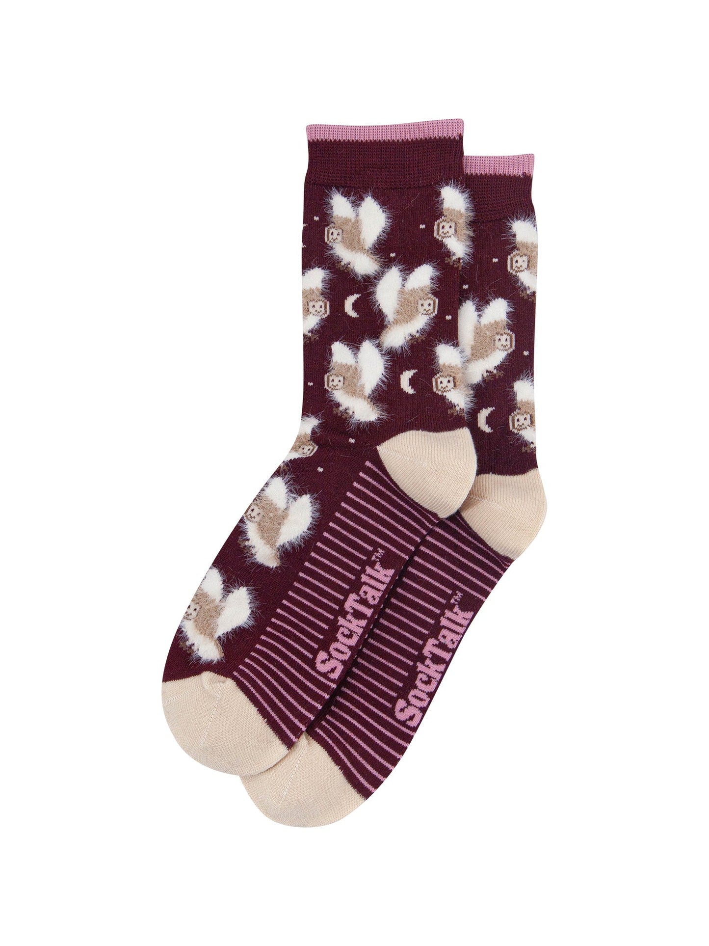 Owl-Bamboo-Fluffy-Socks-in-Burgundy-Laid-Flat