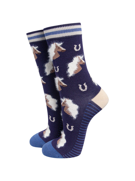 Navy-Horse-Women's-Fluffy-Bamboo-Socks-On-Mannequin