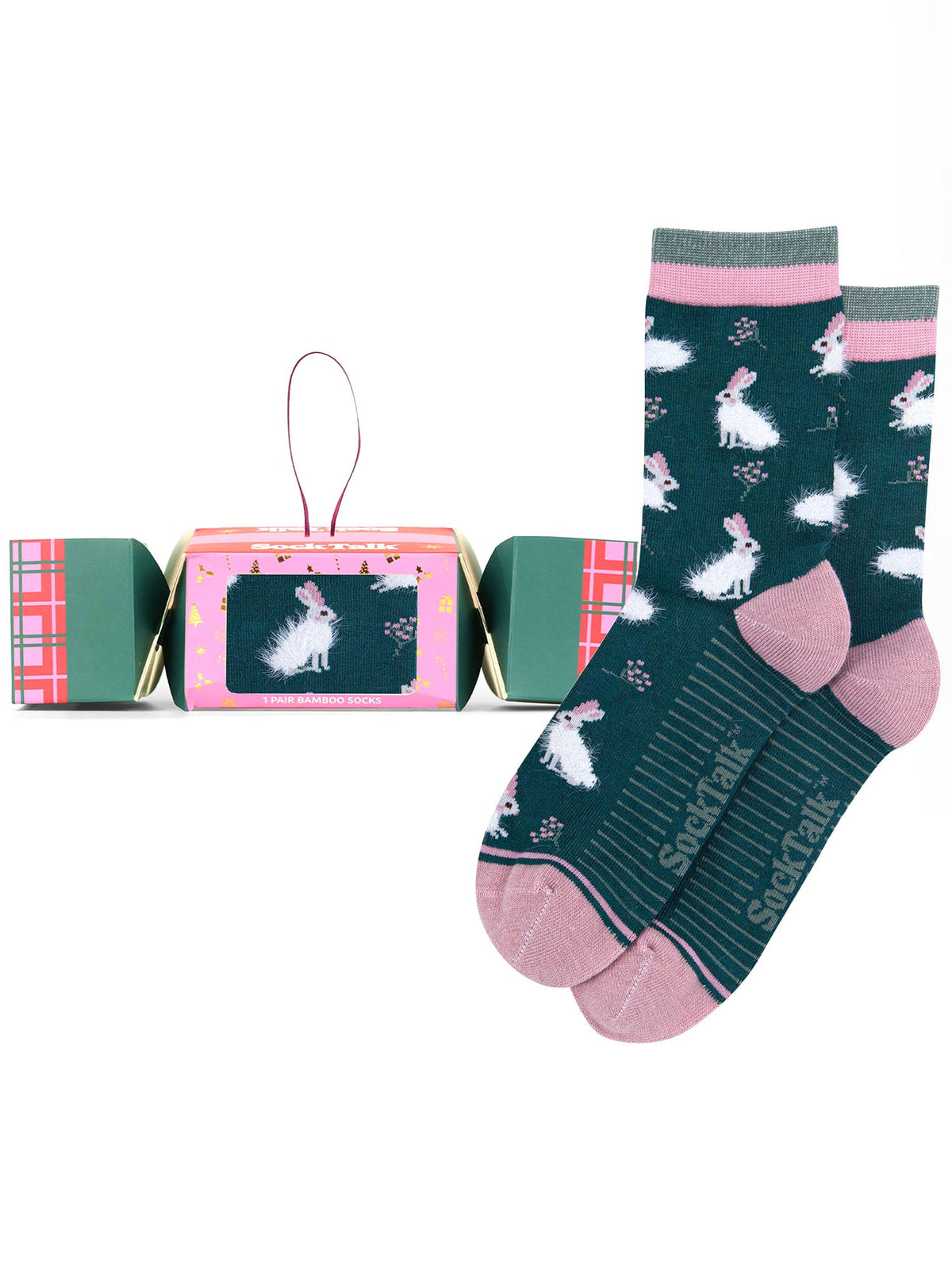 Rabbit-Fluffy-Bamboo-Crew-Socks-Christmas-Cracker-Gift-Box-in-Green