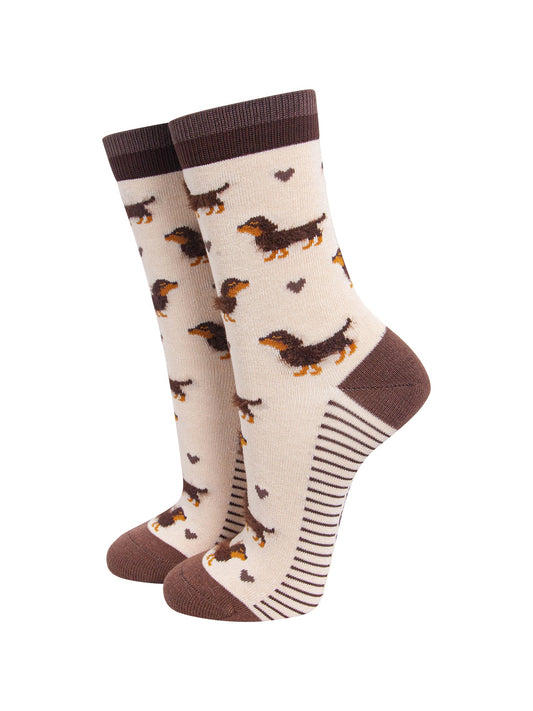 Cream-Sausage-Dog-Women's-Fluffy-Bamboo-Socks-On-Mannequin