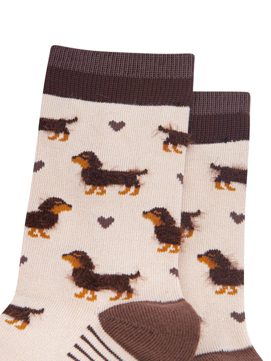 Cream-Sausage-Dog-Women's-Fluffy-Bamboo-Socks-Close-Up