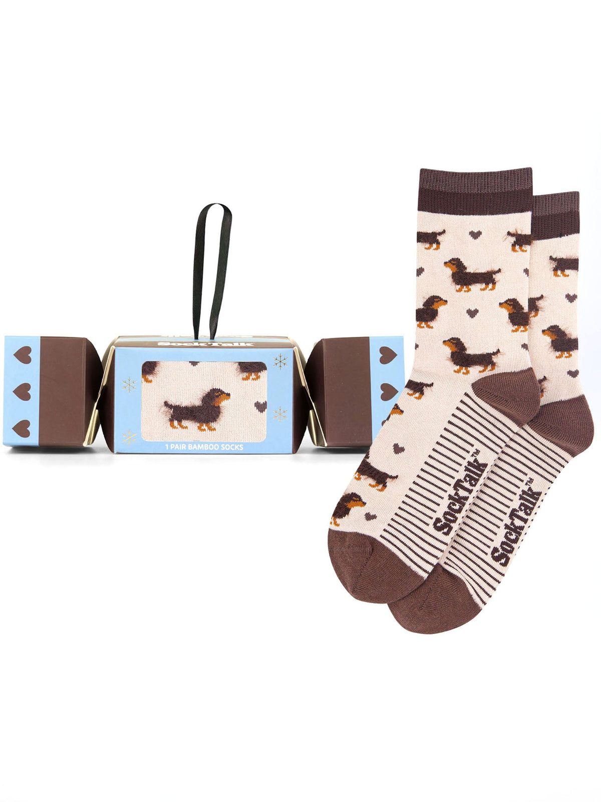 Sausage-Dog-Fluffy-Bamboo-Crew-Socks-Christmas-Cracker-Gift-Box-in-Cream