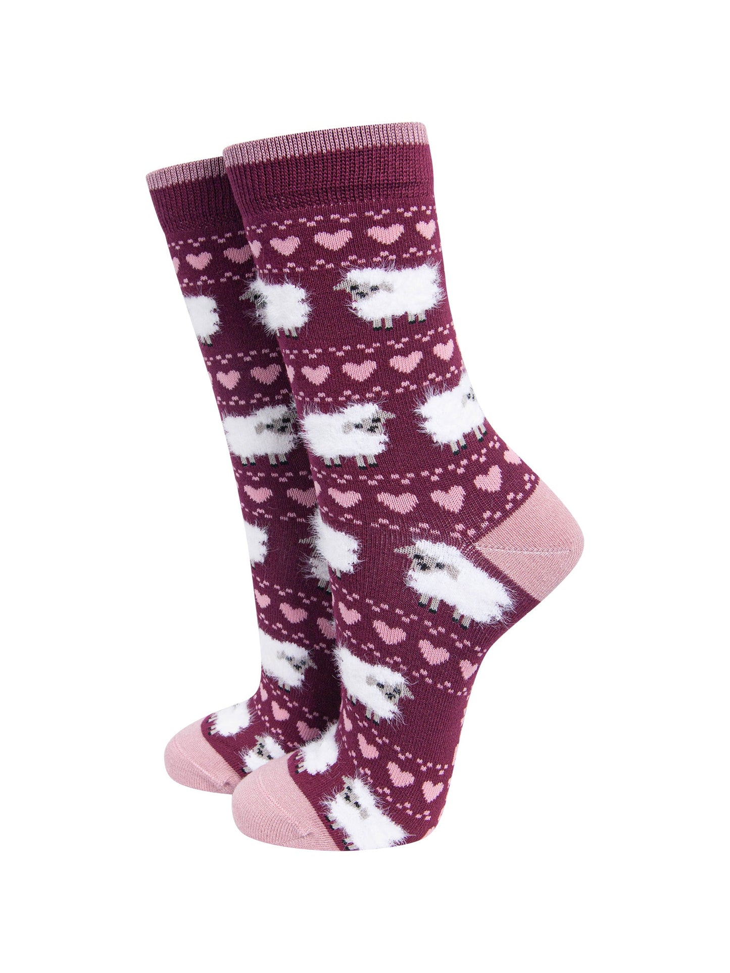 Berry-Sheep-Women's-Fluffy-Bamboo-Socks-On-Mannequin