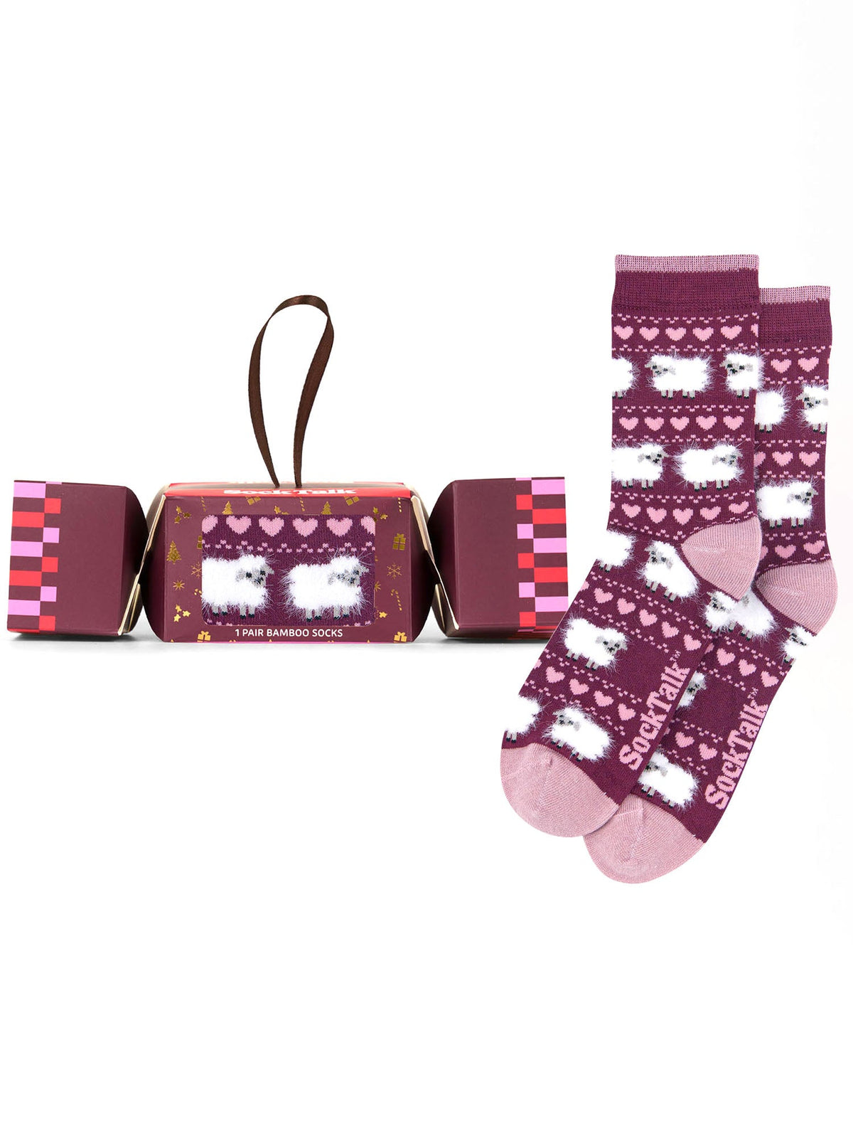 Sheep-Fair-isle-Fluffy-Bamboo-Crew-Socks-Christmas-Cracker-Gift-Box-in-Berry