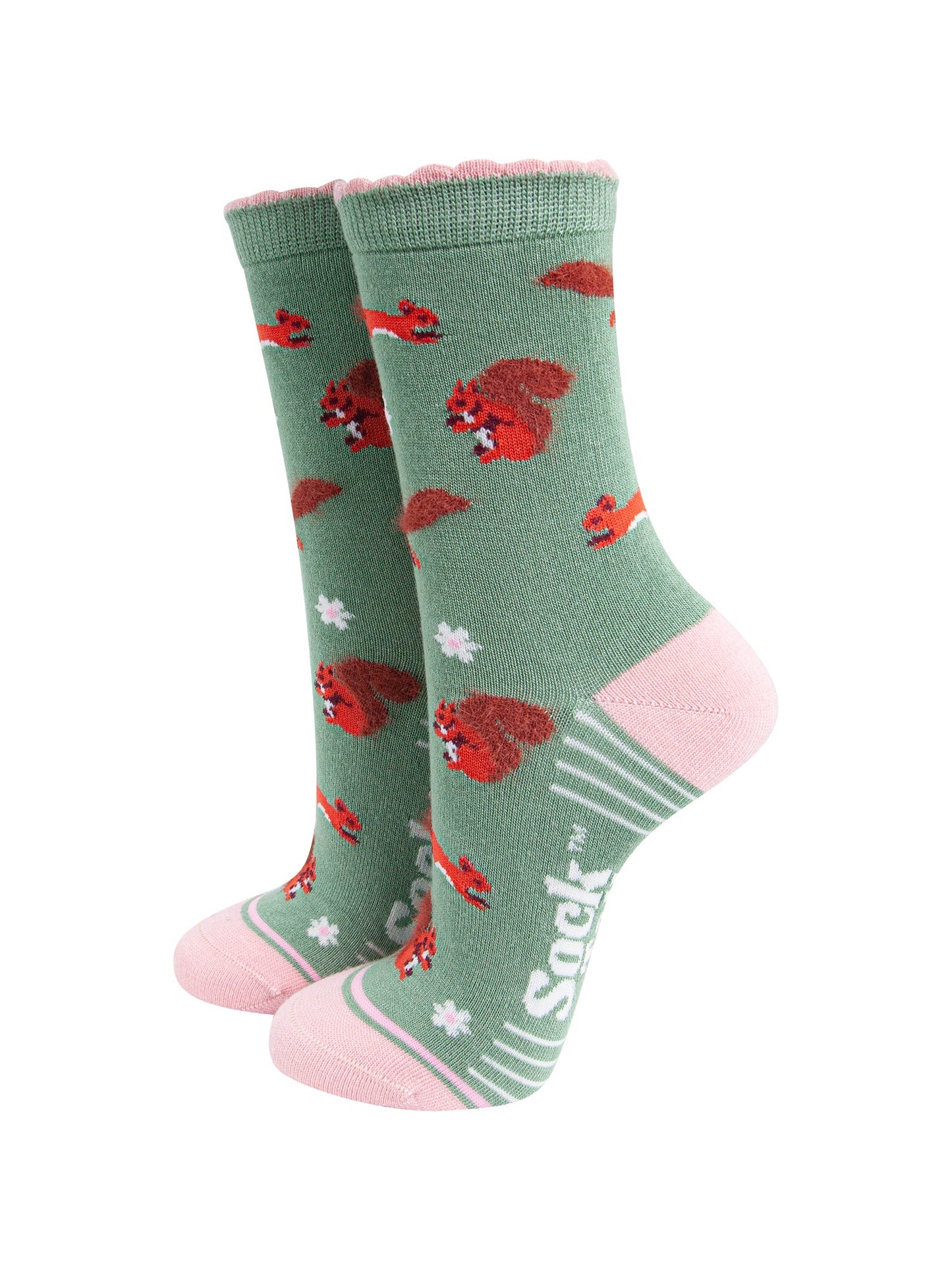Squirrel-Floral-Fluffy-Bamboo-Socks-in-Green-Mannequin