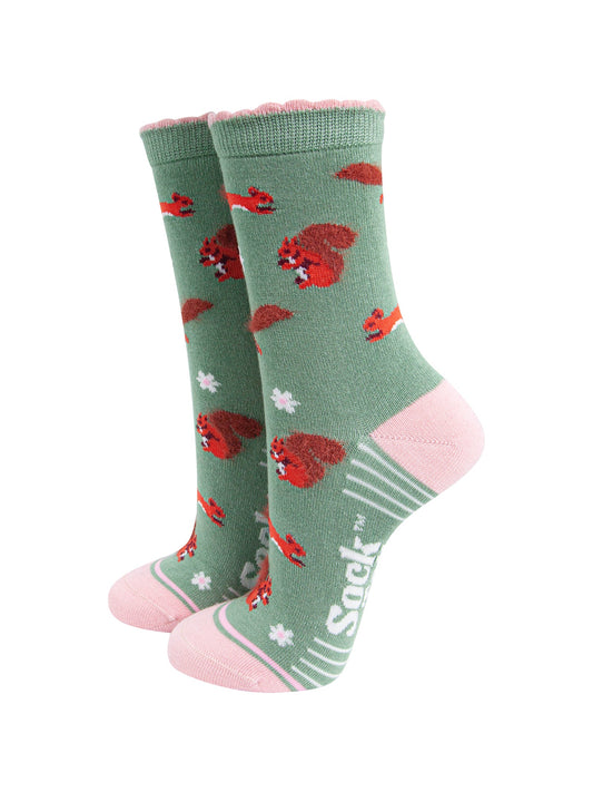 Squirrel-Floral-Fluffy-Bamboo-Socks-in-Green-Mannequin