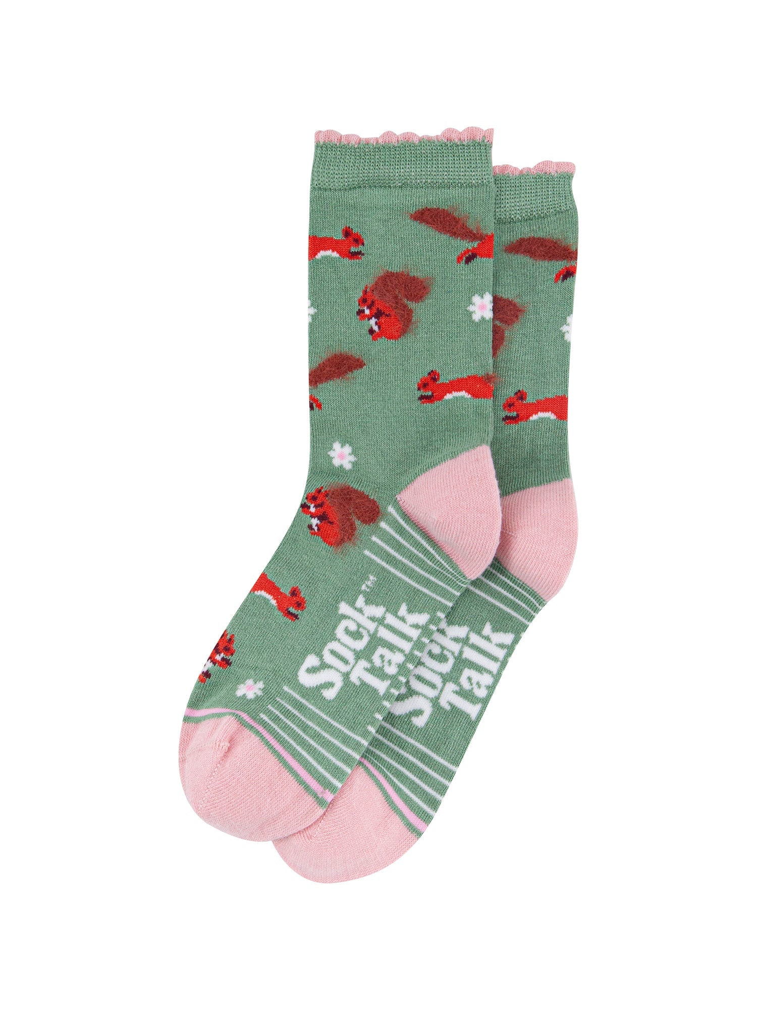 Squirrel-Floral-Fluffy-Bamboo-Socks-in-Green-laying-flat