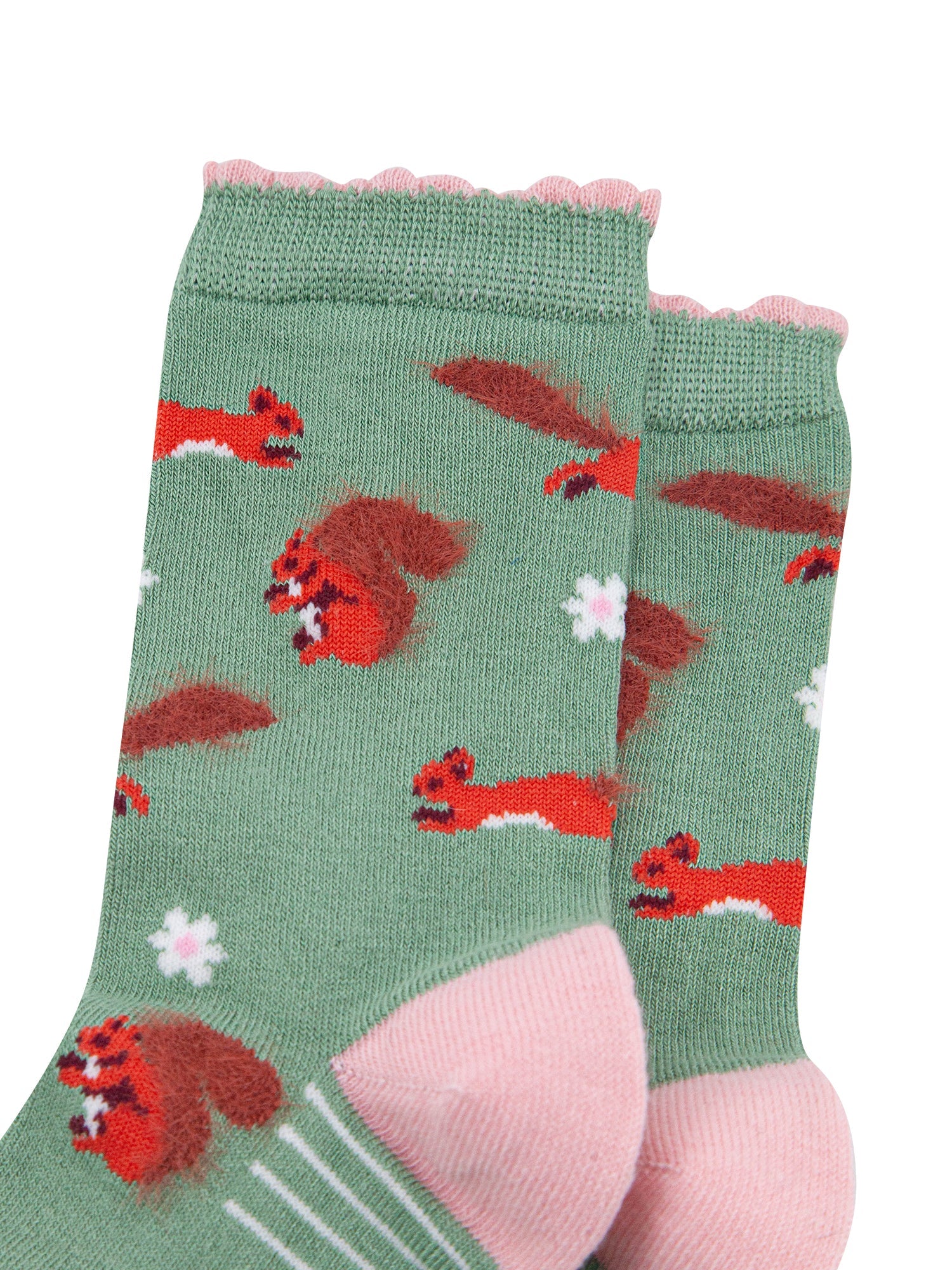 Squirrel-Floral-Fluffy-Bamboo-Socks-in-Green-closeup