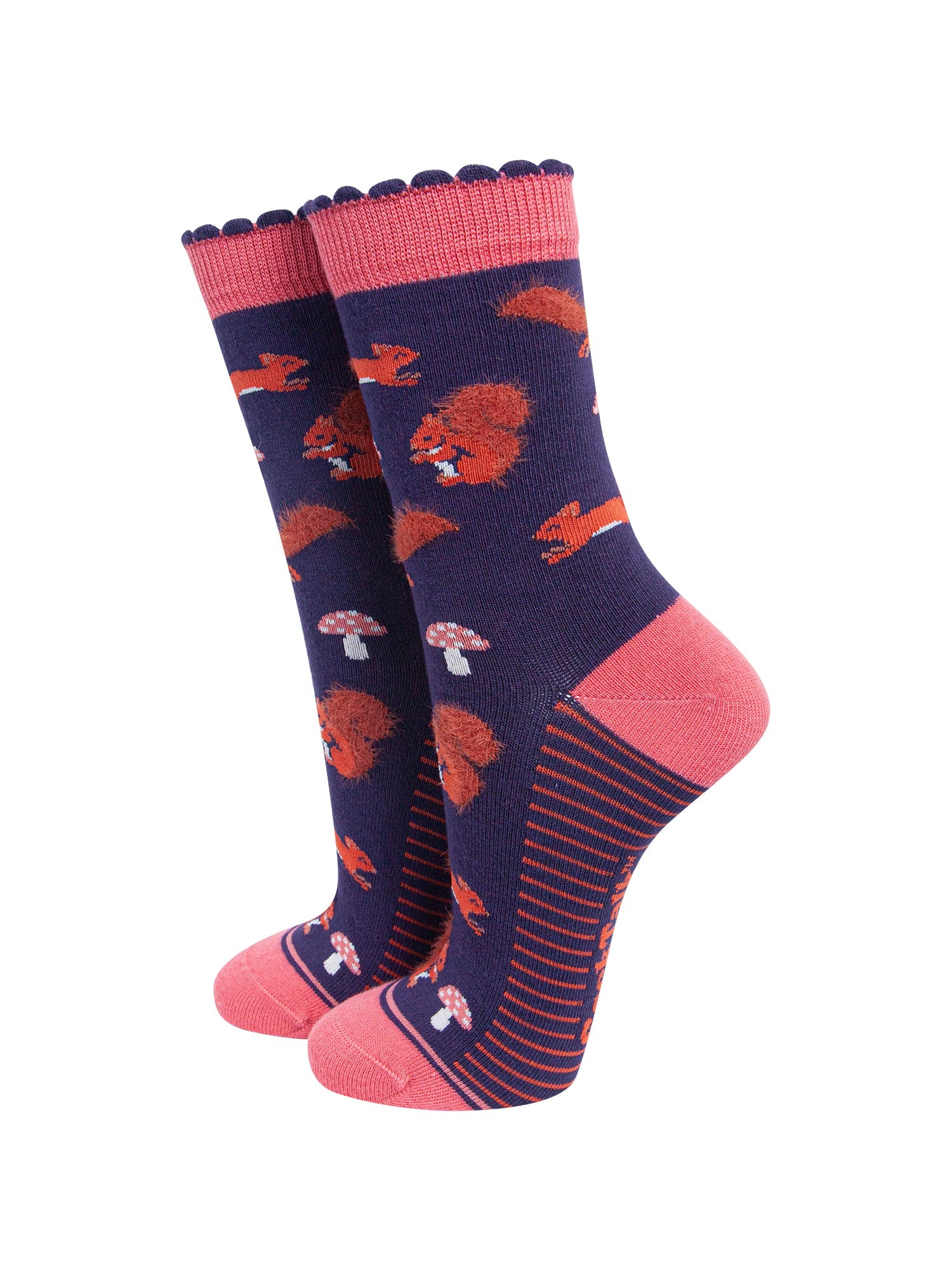 Navy-Squirrel-Women's-Fluffy-Bamboo-Socks-On-Mannequin