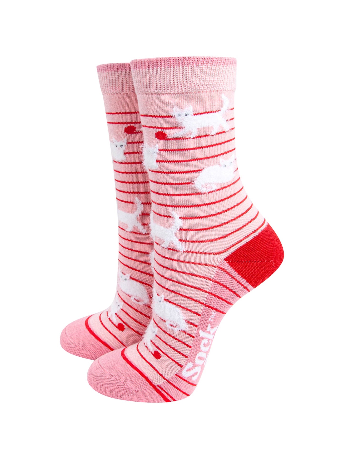 Cat-Stripe-Bamboo-Fluffy-Crew-Socks-for-Women-Pink-On-Mannequin
