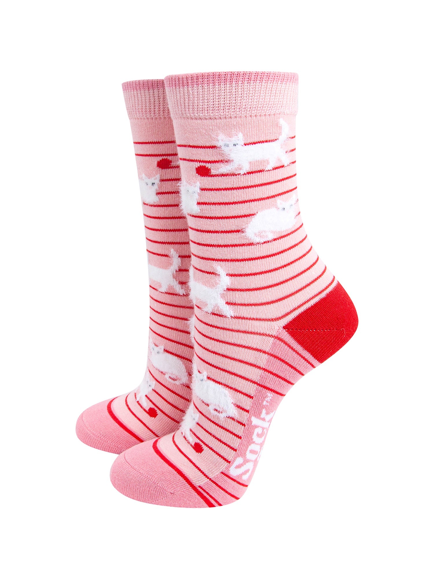 Cat-Stripe-Bamboo-Fluffy-Crew-Socks-for-Women-Pink-On-Mannequin