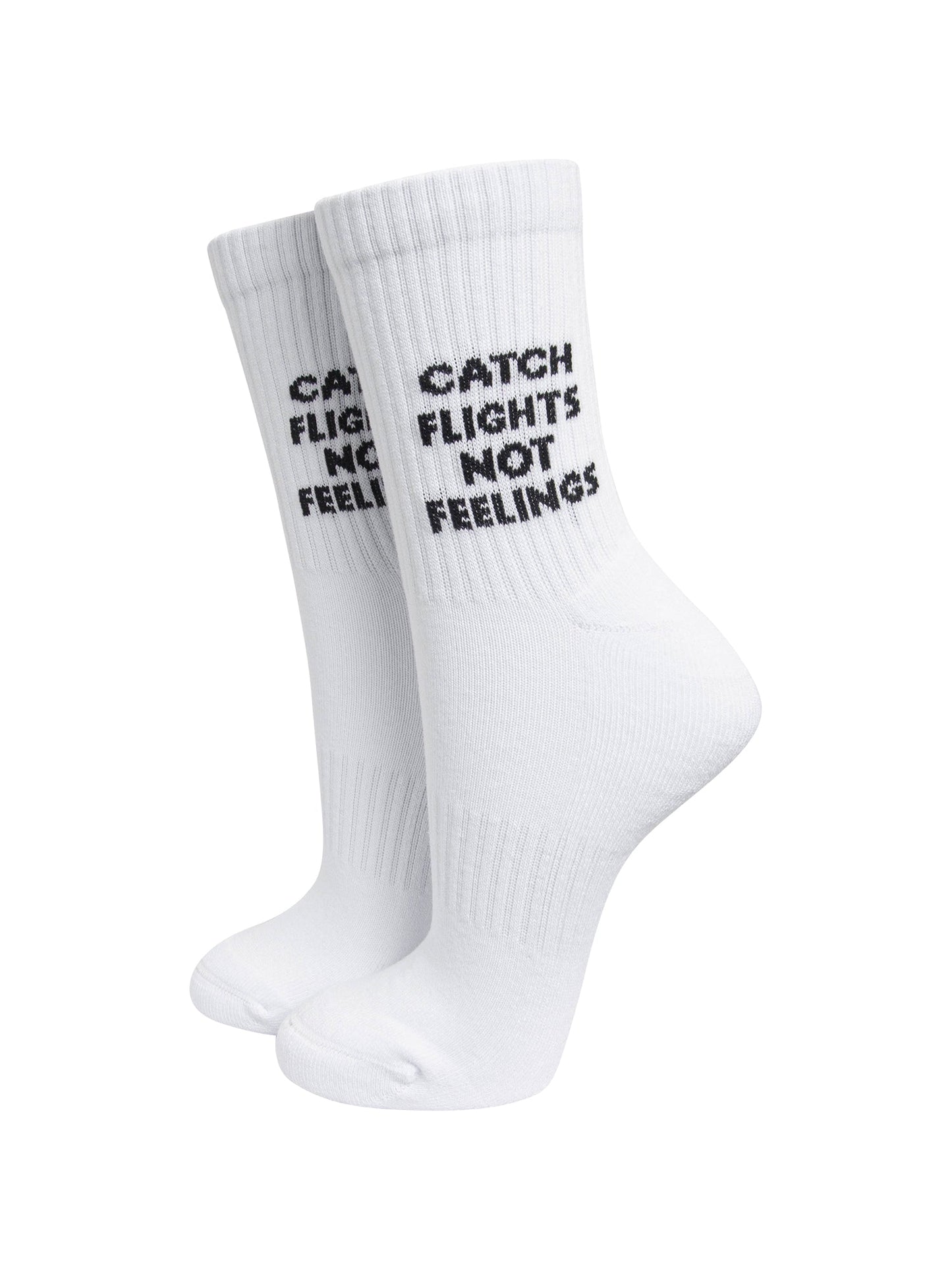 Catch-Flights-Not-Feelings-Organic-Cotton-Sports-Socks-in-White-On-Mannequin