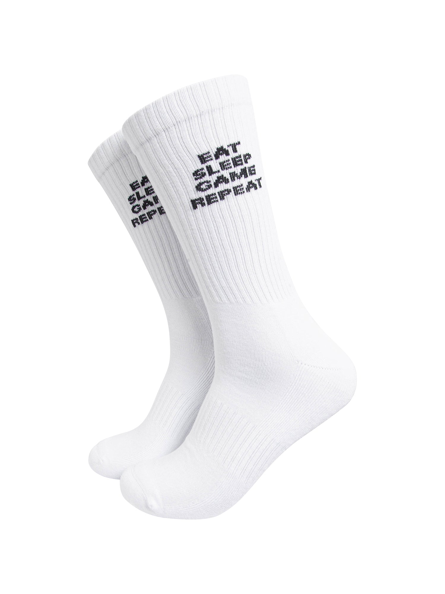 Eat-Sleep-Game-Repeat-Organic-Cotton-Sports-Socks-in-White-On-Mannequin