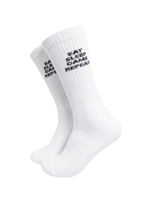 Eat-Sleep-Game-Repeat-Organic-Cotton-Sports-Socks-in-White-On-Mannequin