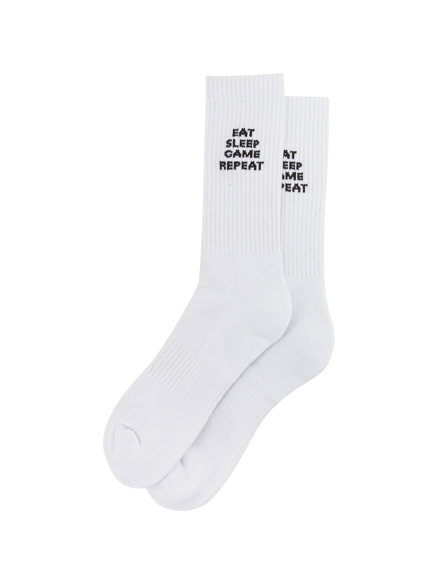 Eat-Sleep-Game-Repeat-Organic-Cotton-Sports-Socks-in-White-Laid-Flat
