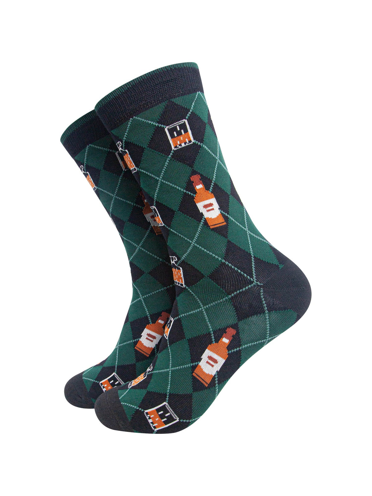Whisky-Argyle-Men's-Bamboo-Socks-in-Black/Green-On-Mannequin