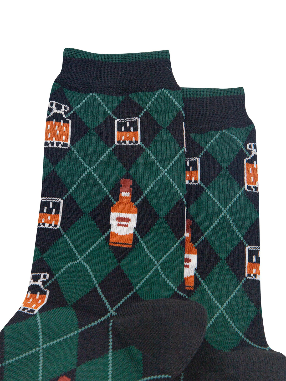 Whisky-Argyle-Men's-Bamboo-Socks-in-Black/Green-Close-Up