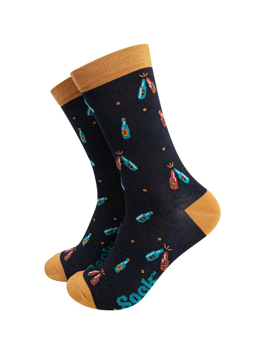 black bamboo dress socks with an all over print featuring beer bottles