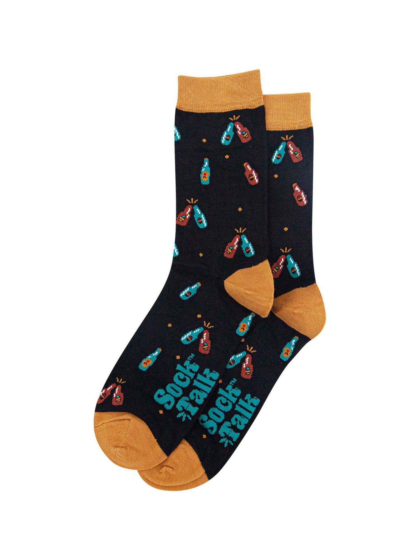 beer bottle dress socks, black with gold heel, toe and trim