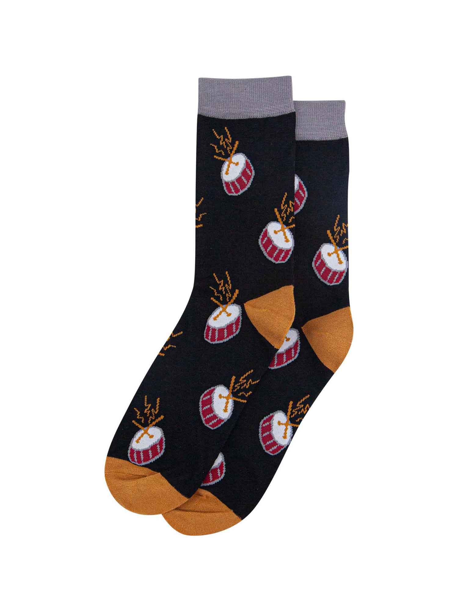 black drum pattern socks with gold heer, toe and grey trim
