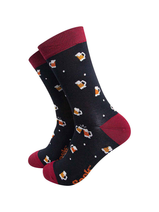 black bamboo dress socks with a pattern of beer mugs