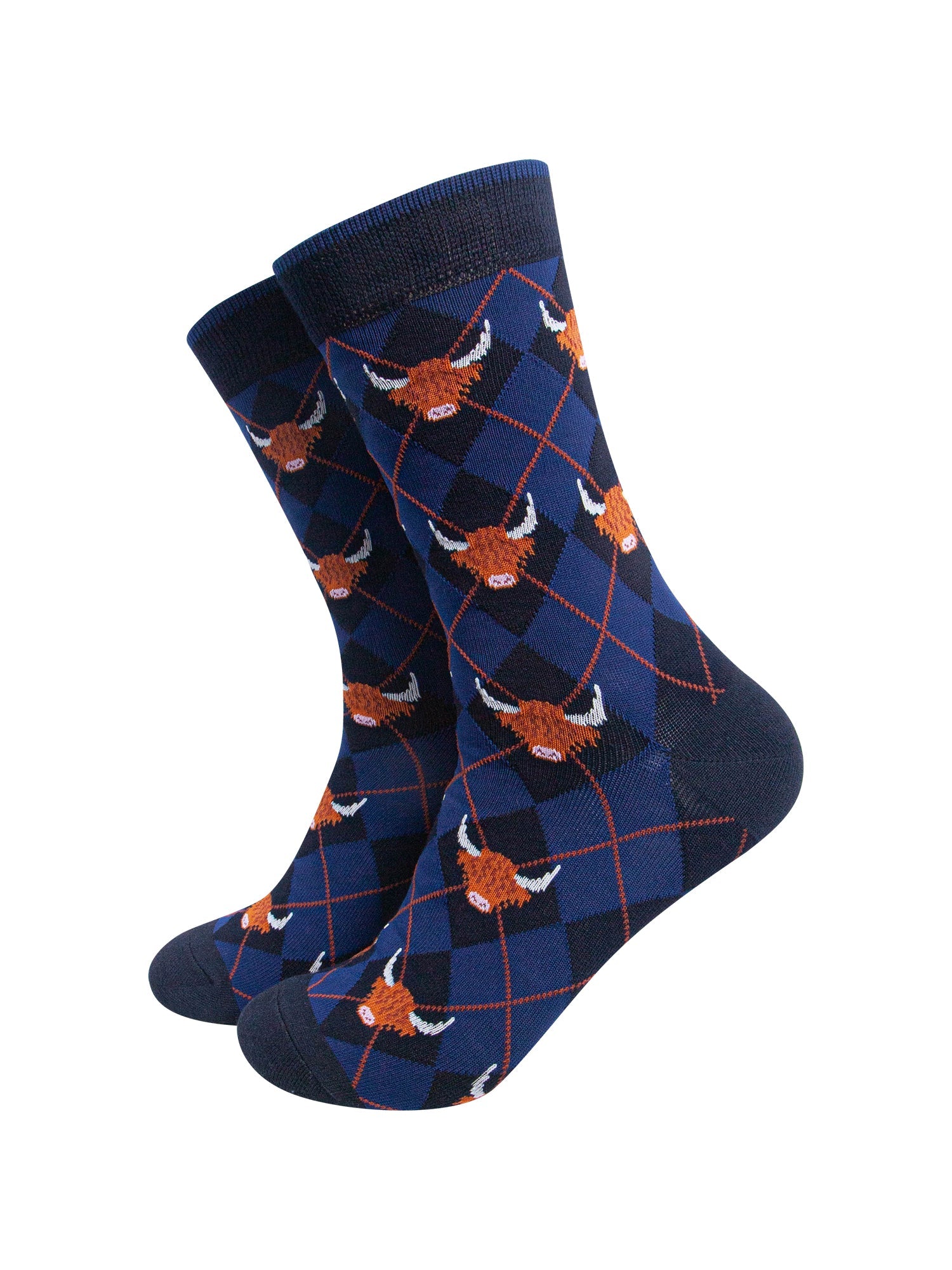 Highland-Cow-Argyle-Men's-Bamboo-Socks-in-Navy-Blue-On-Mannequin