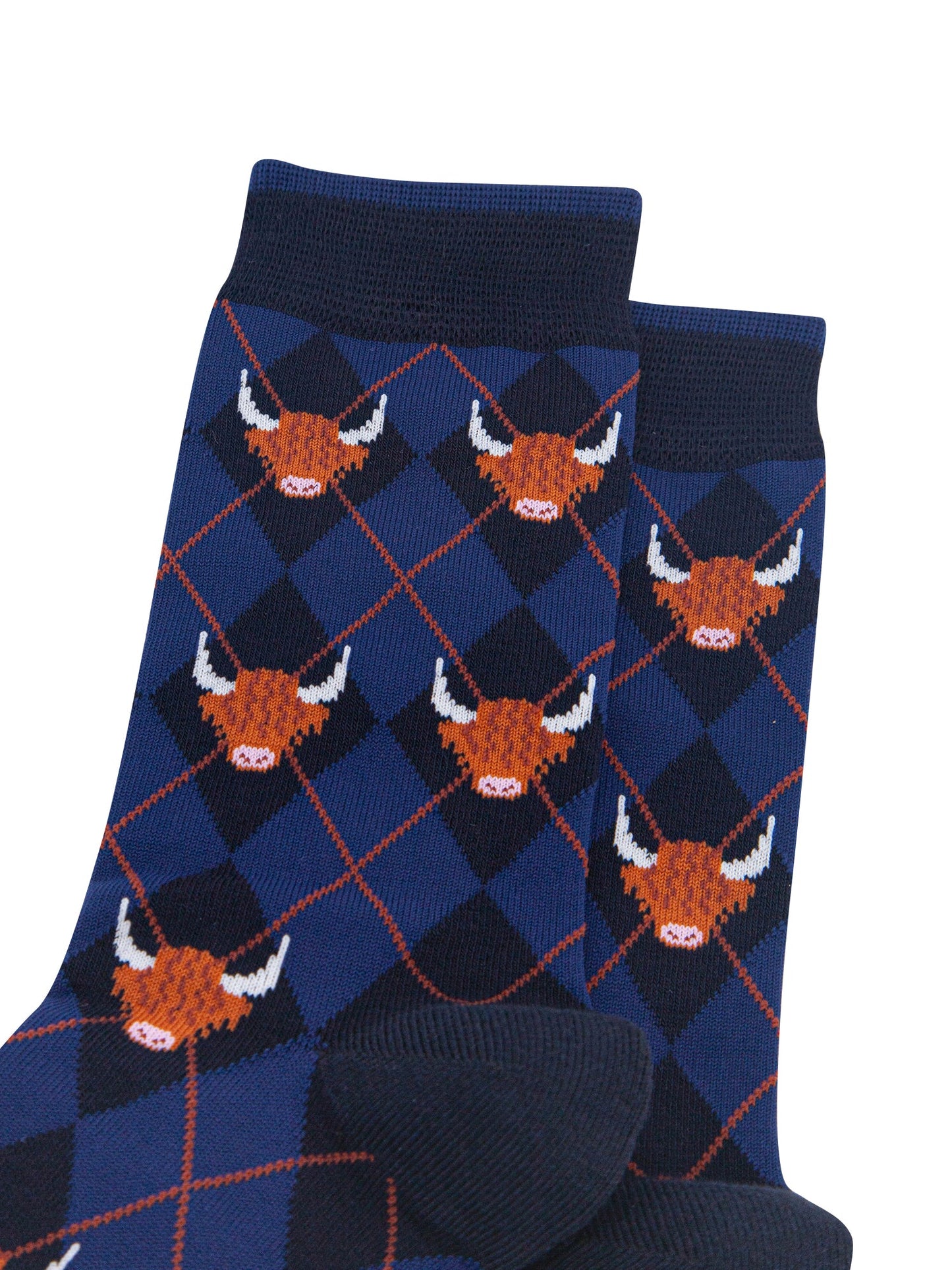 Highland-Cow-Argyle-Men's-Bamboo-Socks-in-Navy-Blue-Close-Up